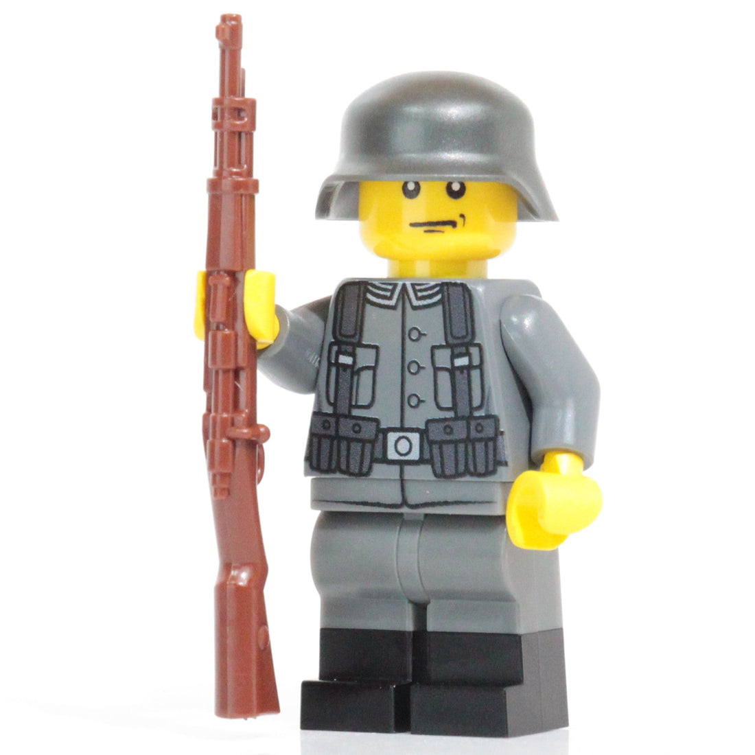 BrickTactical WW2 German soldier custom minifigure with Stahlhelm and rifle, compatible with LEGO® minifigures