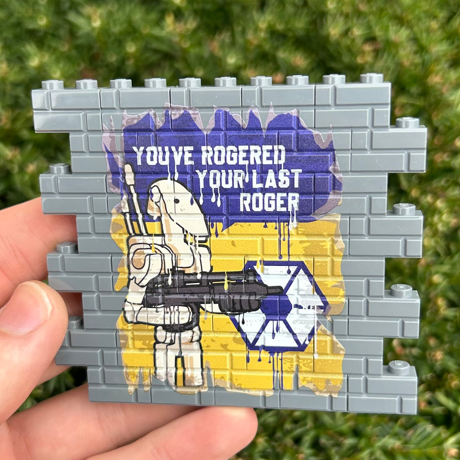 Roger Graffiti Wallbrick (Dark Bluish Grey) – custom LEGO-compatible minifigure item by BrickTactical
