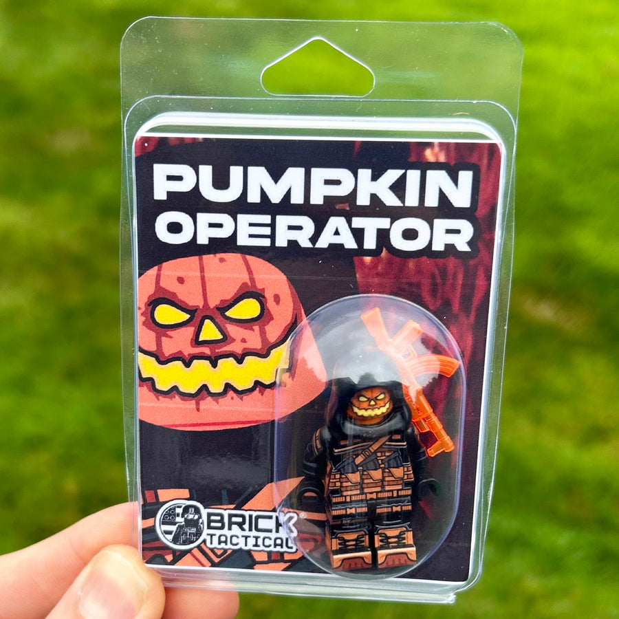 Pumpkin Operator custom LEGO minifigure by BrickTactical in collector blister card packaging