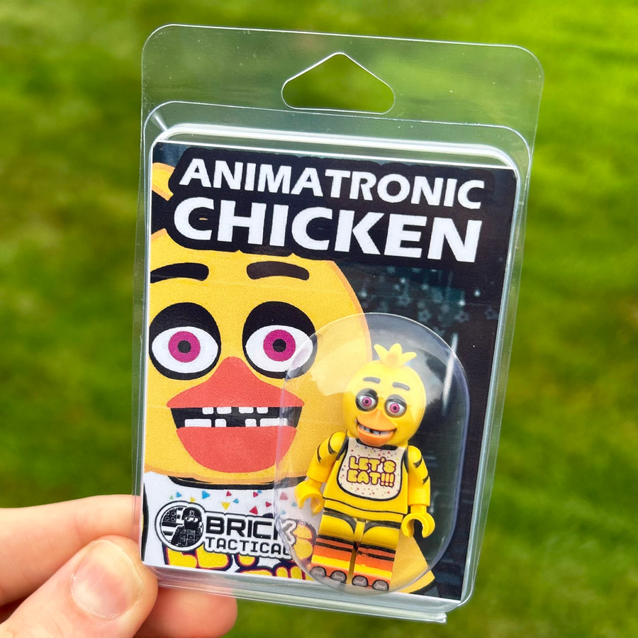 Animatronic Chicken custom LEGO minifigure by BrickTactical in collector blister card packaging