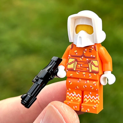 Candy Corn Scout custom LEGO minifigure by BrickTactical, front view with blaster